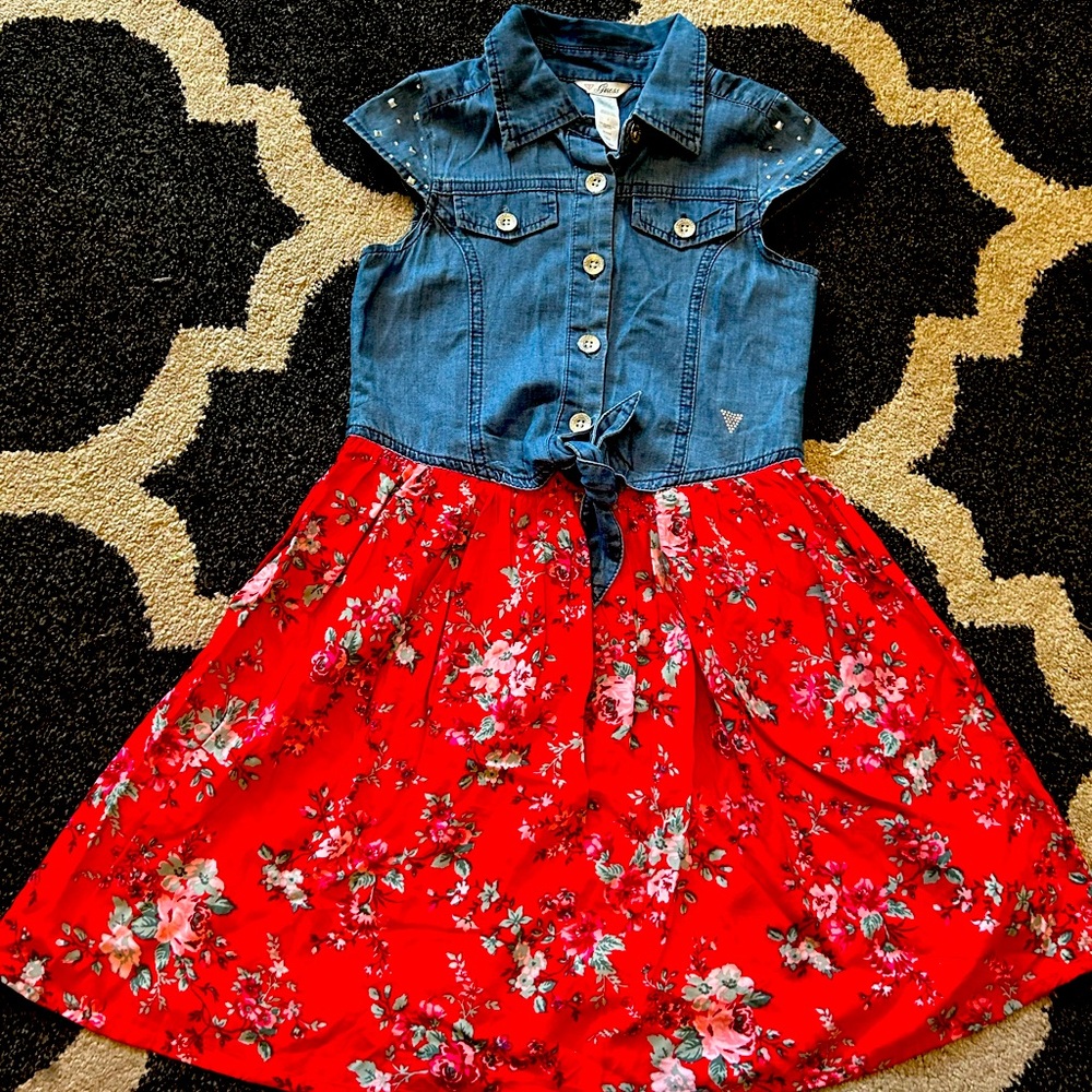 Guess girls denim and fabric dress with rhinestones